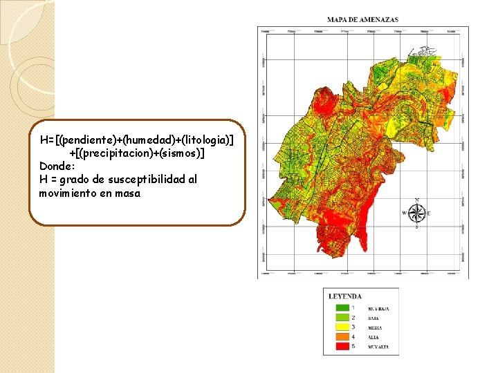 H=[(pendiente)+(humedad)+(litologia)] +[(precipitacion)+(sismos)] Donde: H = grado de susceptibilidad al movimiento en masa 