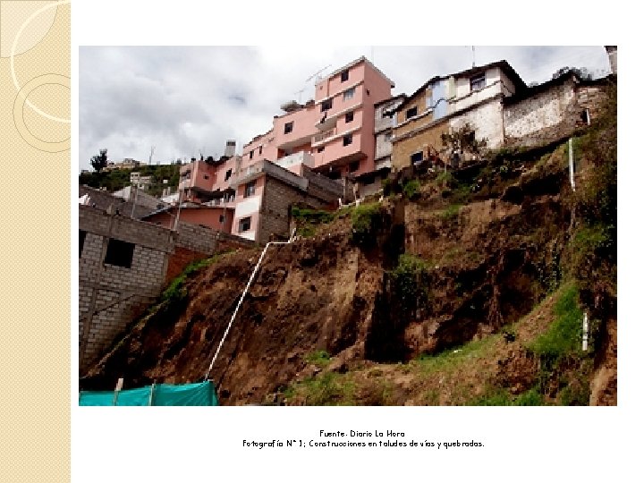 Fuente: Diario La Hora Fotografía N° 1: Construcciones en taludes de vías y quebradas.