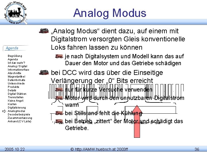 Analog Modus „Analog Modus“ dient dazu, auf einem mit Digitalstrom versorgten Gleis konventionelle Loks