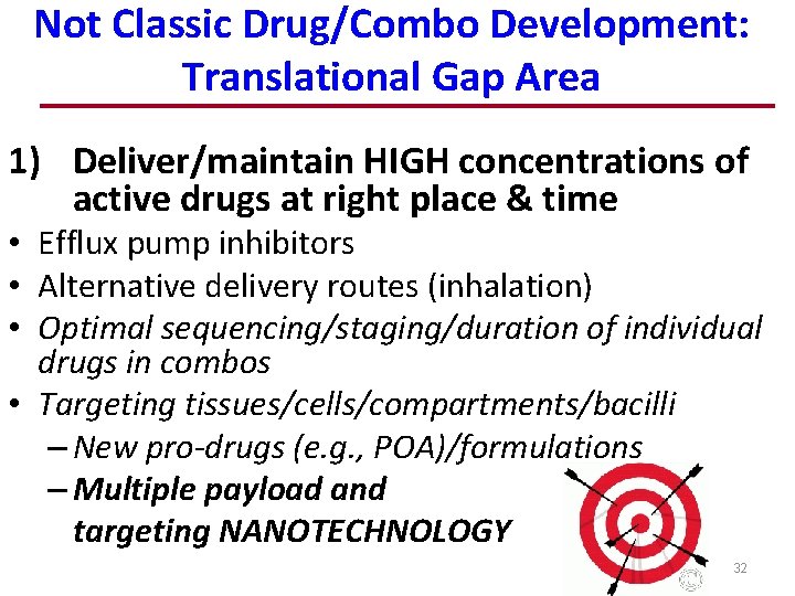 Not Classic Drug/Combo Development: Translational Gap Area 1) Deliver/maintain HIGH concentrations of active drugs