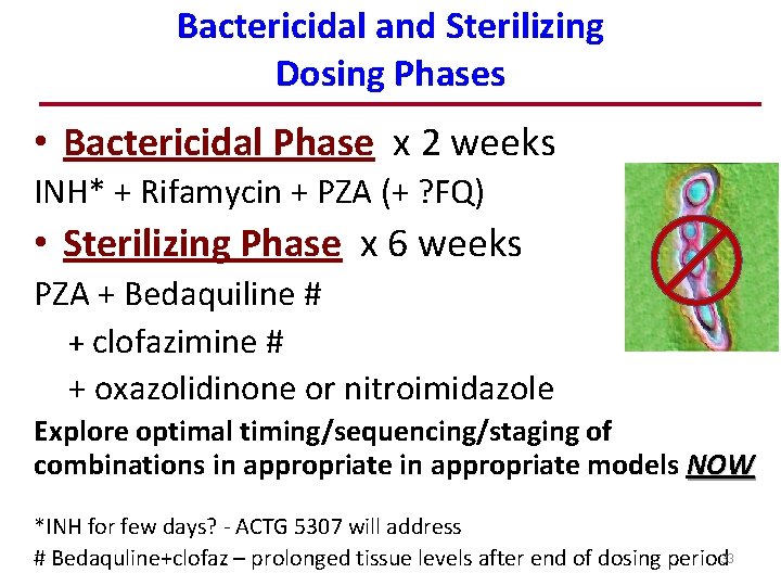 Bactericidal and Sterilizing Dosing Phases • Bactericidal Phase x 2 weeks INH* + Rifamycin