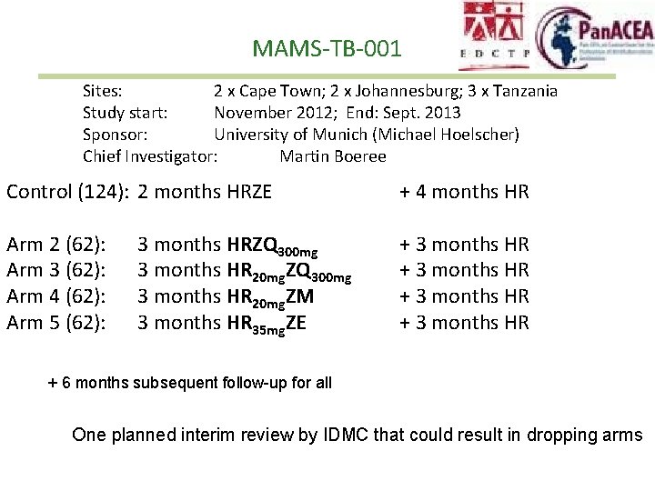 MAMS-TB-001 Sites: 2 x Cape Town; 2 x Johannesburg; 3 x Tanzania Study start: