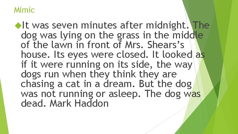 Mimic It was seven minutes after midnight. The dog was lying on the grass