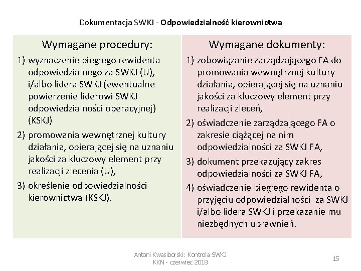 Dokumentacja SWKJ - Odpowiedzialność kierownictwa Wymagane procedury: Wymagane dokumenty: 1) wyznaczenie biegłego rewidenta odpowiedzialnego