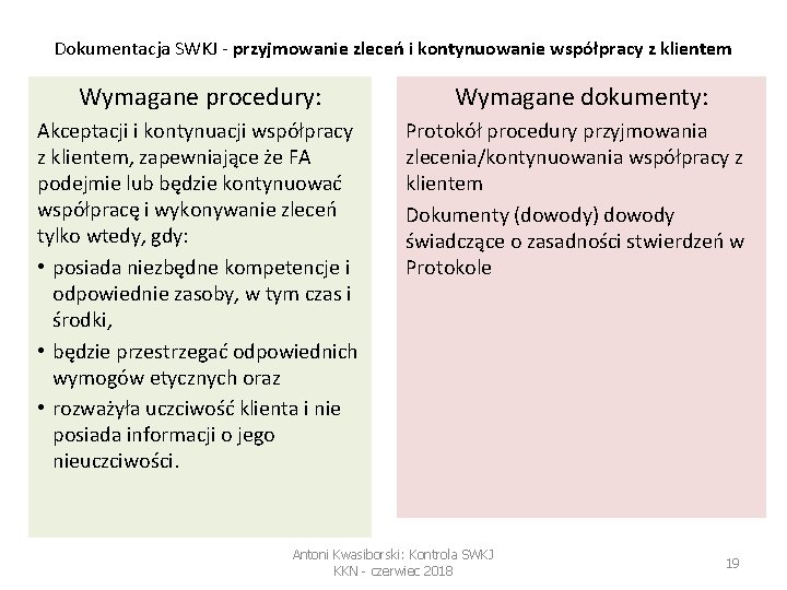 Dokumentacja SWKJ - przyjmowanie zleceń i kontynuowanie współpracy z klientem Wymagane procedury: Wymagane dokumenty: