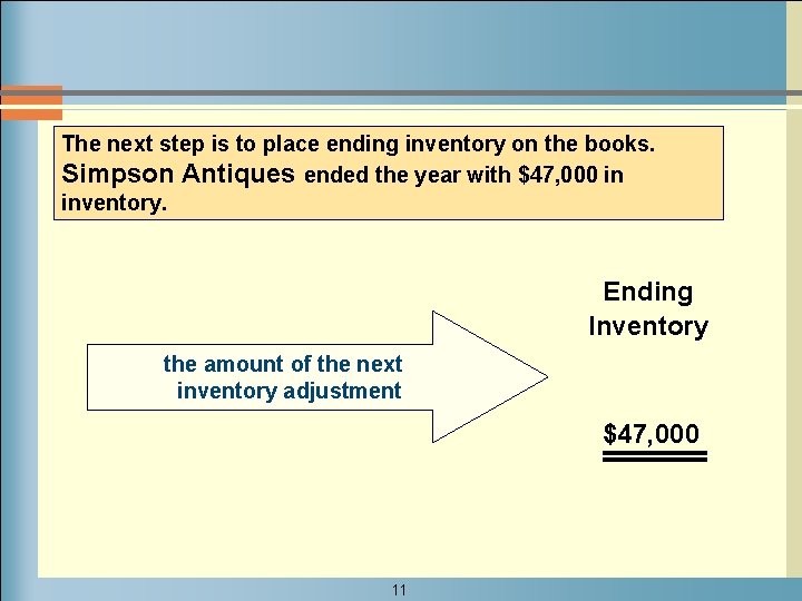 The next step is to place ending inventory on the books. Simpson Antiques ended