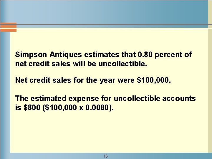 Simpson Antiques estimates that 0. 80 percent of net credit sales will be uncollectible.