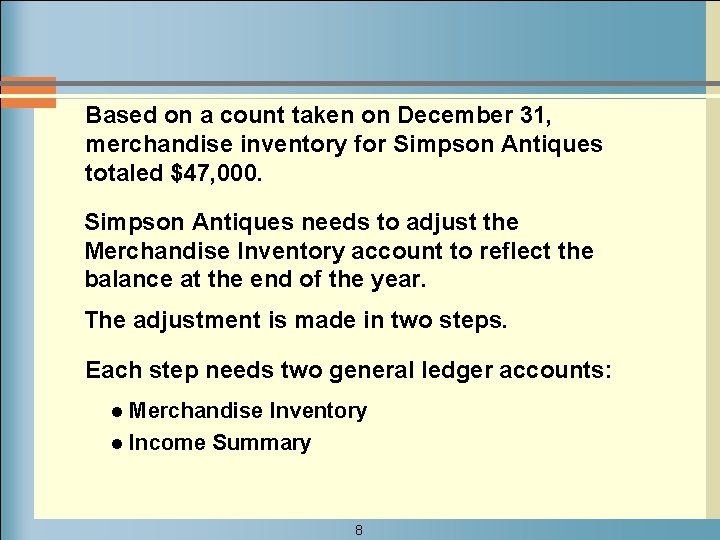Based on a count taken on December 31, merchandise inventory for Simpson Antiques totaled