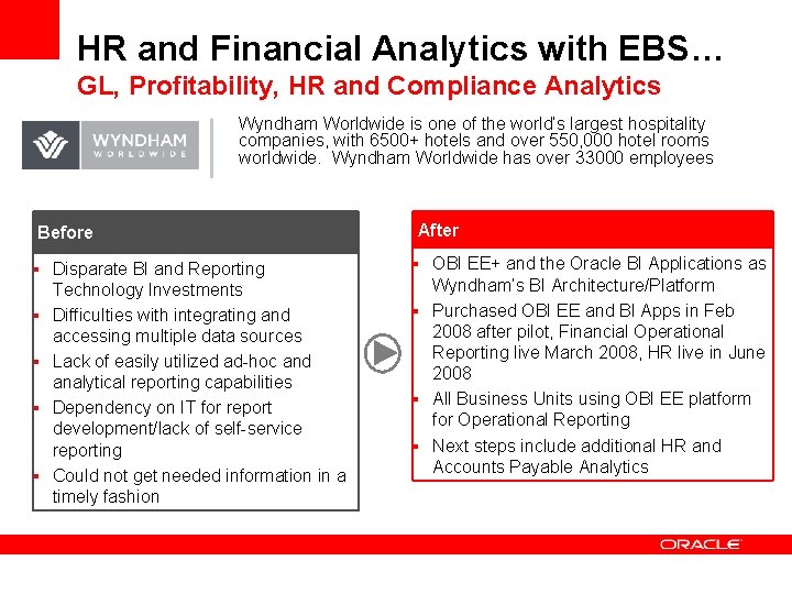 HR and Financial Analytics with EBS… GL, Profitability, HR and Compliance Analytics Wyndham Worldwide