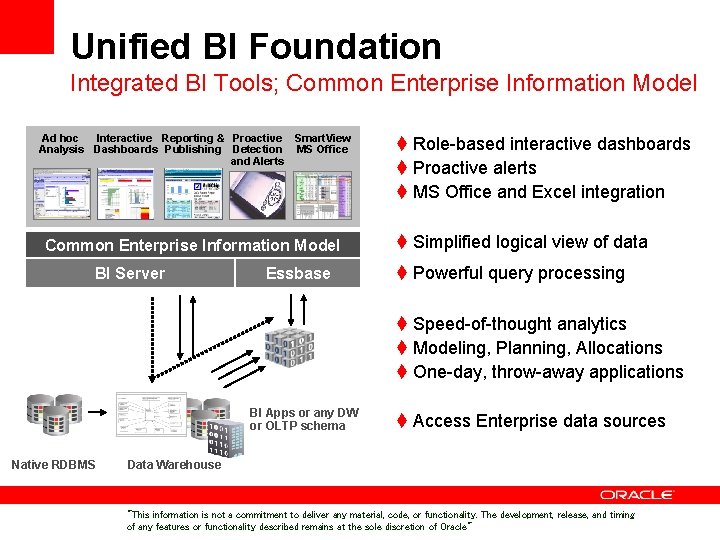 Unified BI Foundation Integrated BI Tools; Common Enterprise Information Model Ad hoc Interactive Reporting