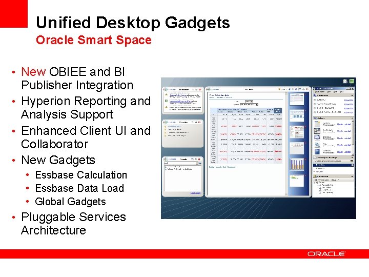 Unified Desktop Gadgets Oracle Smart Space • New OBIEE and BI Publisher Integration •