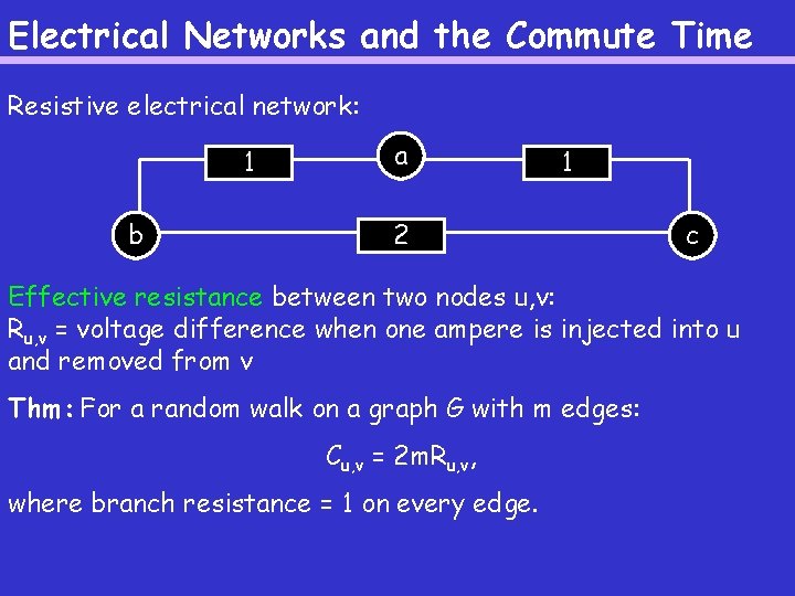 Electrical Networks and the Commute Time Resistive electrical network: 1 b a 1 2