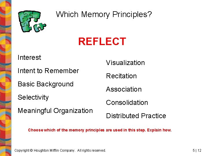 Which Memory Principles? REFLECT Interest Intent to Remember Basic Background Selectivity Meaningful Organization Visualization