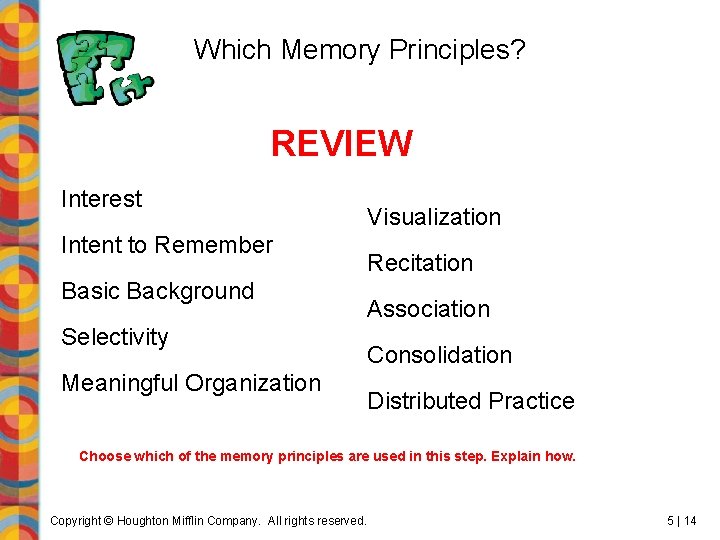 Which Memory Principles? REVIEW Interest Intent to Remember Basic Background Selectivity Meaningful Organization Visualization