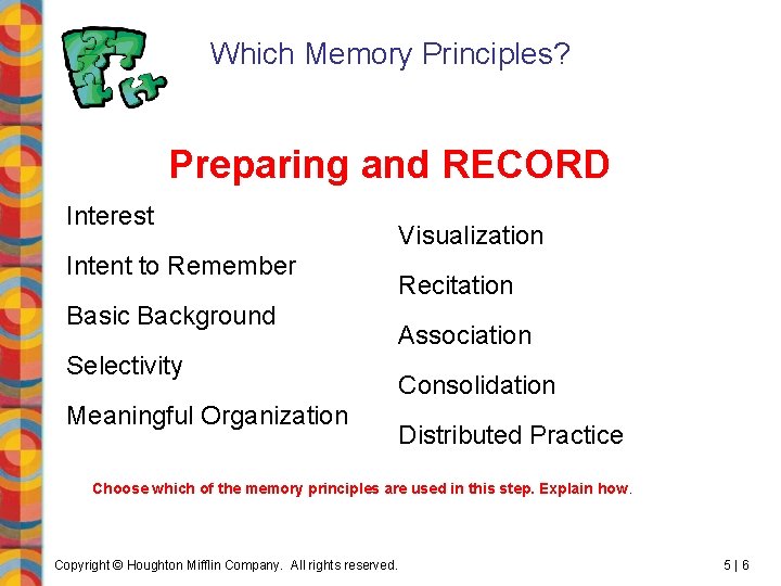 Which Memory Principles? Preparing and RECORD Interest Intent to Remember Basic Background Selectivity Meaningful