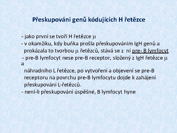 Přeskupování genů kódujících H řetězce - jako první se tvoří H řetězce m -