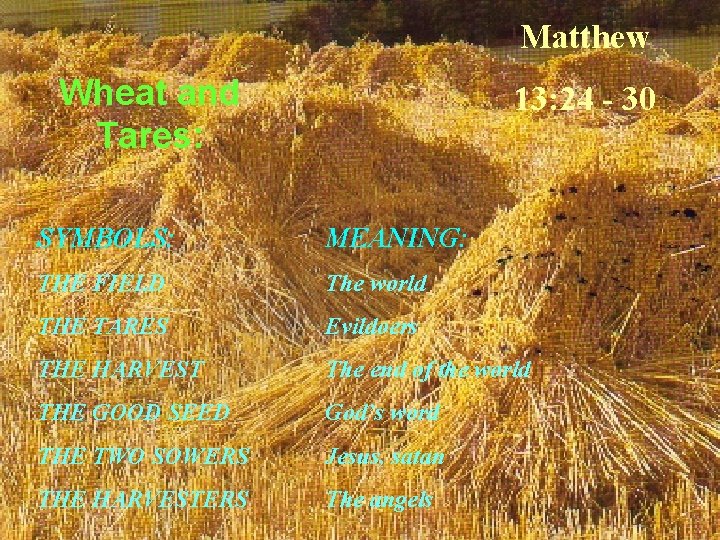 Matthew Wheat and Tares: 13: 24 - 30 SYMBOLS: MEANING: THE FIELD The world
