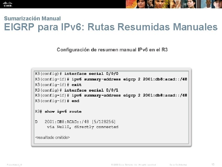 Sumarización Manual EIGRP para IPv 6: Rutas Resumidas Manuales Presentation_ID © 2008 Cisco Systems,