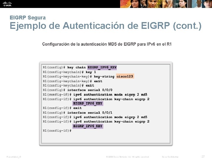 EIGRP Segura Ejemplo de Autenticación de EIGRP (cont. ) Presentation_ID © 2008 Cisco Systems,