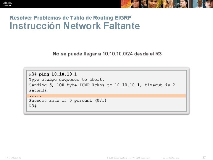 Resolver Problemas de Tabla de Routing EIGRP Instrucción Network Faltante Presentation_ID © 2008 Cisco