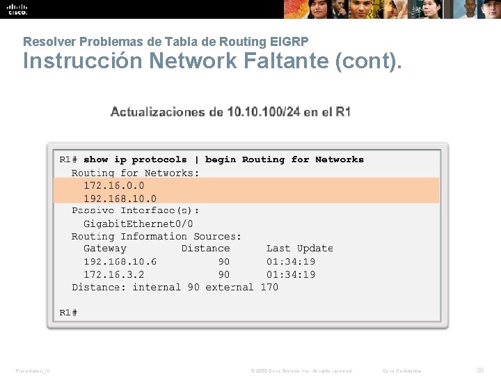 Resolver Problemas de Tabla de Routing EIGRP Instrucción Network Faltante (cont). Presentation_ID © 2008