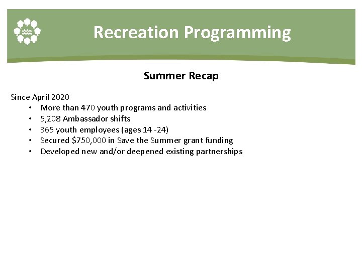 Recreation Programming Summer Recap Since April 2020 • More than 470 youth programs and