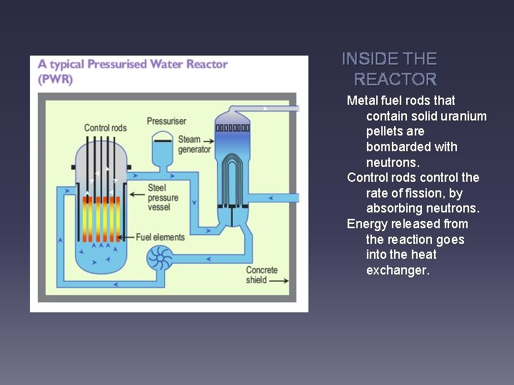 INSIDE THE REACTOR Metal fuel rods that contain solid uranium pellets are bombarded with