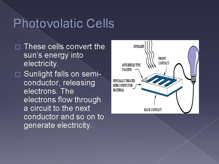 Photovolatic Cells These cells convert the sun’s energy into electricity. � Sunlight falls on