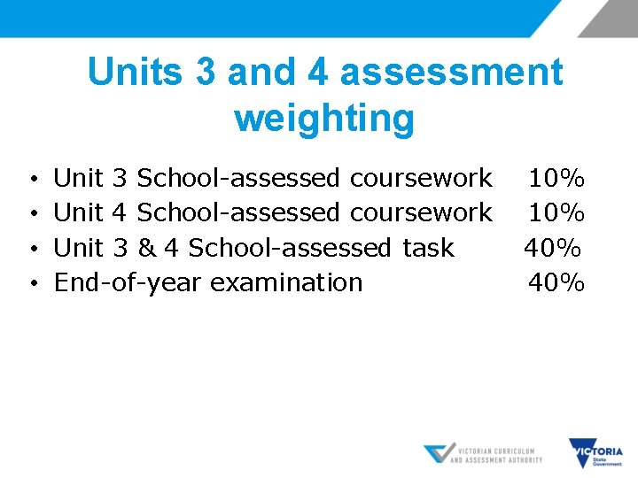 Units 3 and 4 assessment weighting • • Unit 3 School-assessed coursework Unit 4
