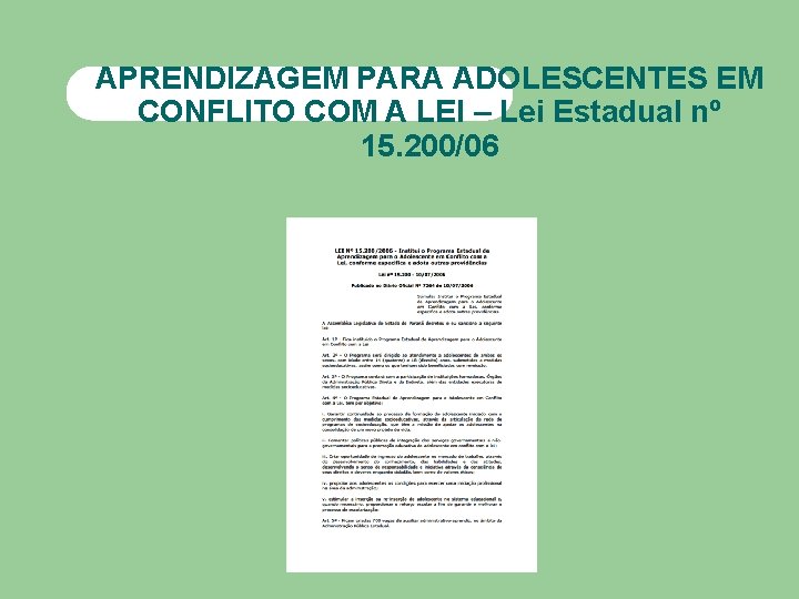 APRENDIZAGEM PARA ADOLESCENTES EM CONFLITO COM A LEI – Lei Estadual nº 15. 200/06