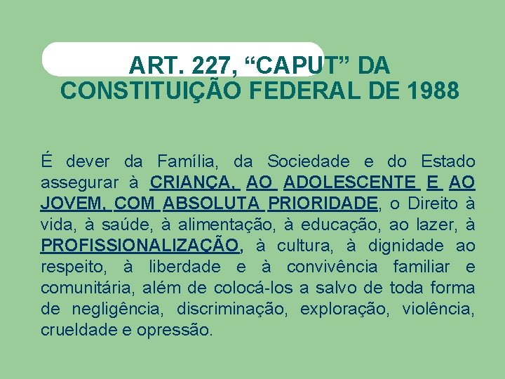 ART. 227, “CAPUT” DA CONSTITUIÇÃO FEDERAL DE 1988 É dever da Família, da Sociedade