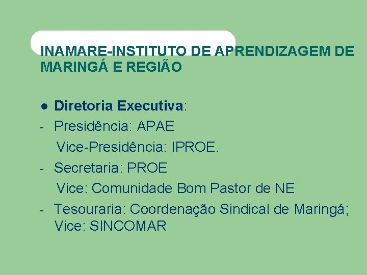 INAMARE-INSTITUTO DE APRENDIZAGEM DE MARINGÁ E REGIÃO Diretoria Executiva: - Presidência: APAE Vice-Presidência: IPROE.