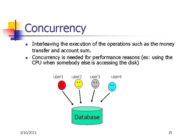 Concurrency n n Interleaving the execution of the operations such as the money transfer