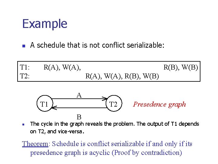 Example n T 1: T 2: A schedule that is not conflict serializable: R(A),