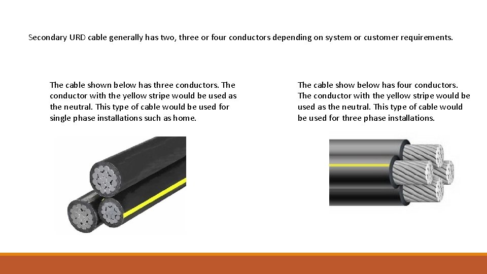 Secondary URD cable generally has two, three or four conductors depending on system or