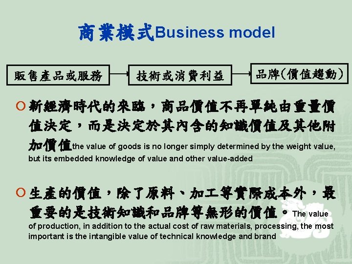 商業模式Business model 販售產品或服務 技術或消費利益 品牌(價值趨動) ¡ 新經濟時代的來臨，商品價值不再單純由重量價 值決定，而是決定於其內含的知識價值及其他附 加價值the value of goods is no