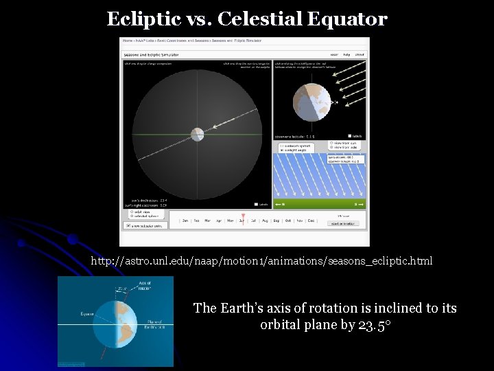 Ecliptic vs. Celestial Equator http: //astro. unl. edu/naap/motion 1/animations/seasons_ecliptic. html The Earth’s axis of