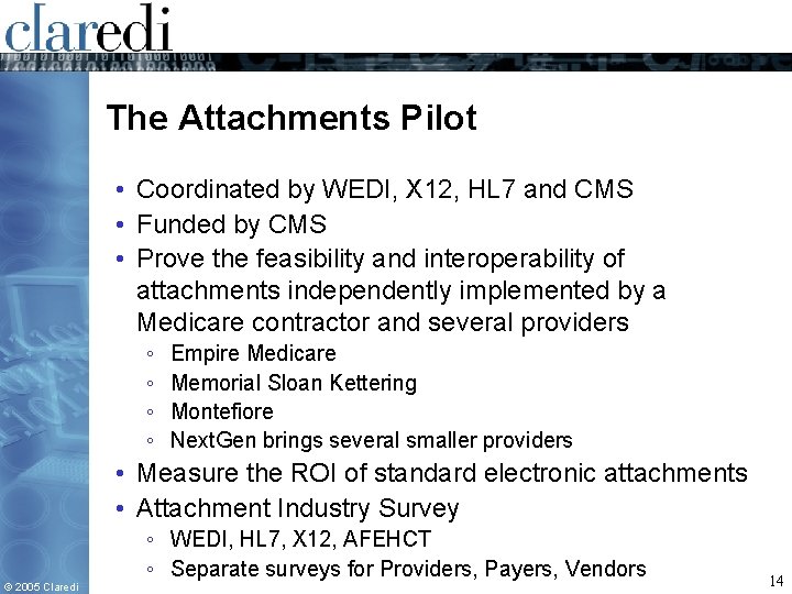 The Attachments Pilot • Coordinated by WEDI, X 12, HL 7 and CMS •