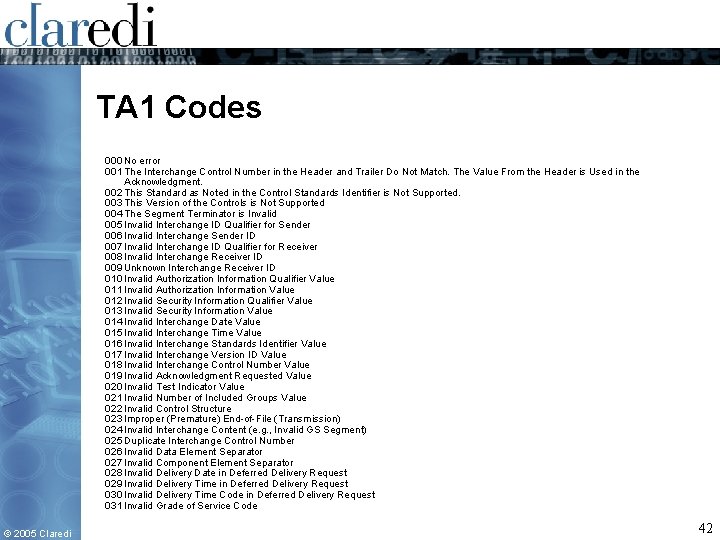 TA 1 Codes 000 No error 001 The Interchange Control Number in the Header