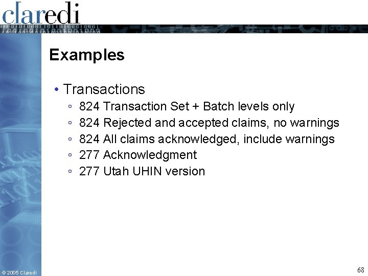 Examples • Transactions ◦ ◦ ◦ © 2005 Claredi 824 Transaction Set + Batch