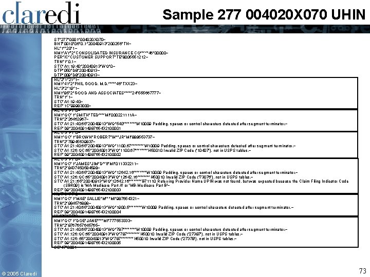 Sample 277 004020 X 070 UHIN ST*277*0001*004020 X 070~ BHT*0010*06*0. 1*20040913*200256*TH~ HL*1**20*1~ NM 1*AY*2*CONSOLIDATED