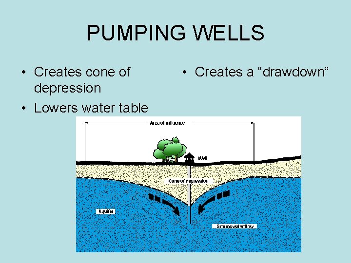 PUMPING WELLS • Creates cone of depression • Lowers water table • Creates a