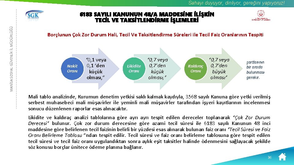 Sahayı duyuyor, dinliyor, gereğini yapıyoruz! MANİSA SOSYAL GÜVENLİK İL MÜDÜRLÜĞÜ 6183 SAYILI KANUNUN 48/A
