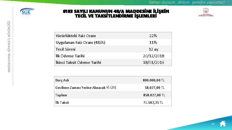 Sahayı duyuyor, dinliyor, gereğini yapıyoruz! MANİSA SOSYAL GÜVENLİK İL MÜDÜRLÜĞÜ 6183 SAYILI KANUNUN 48/A