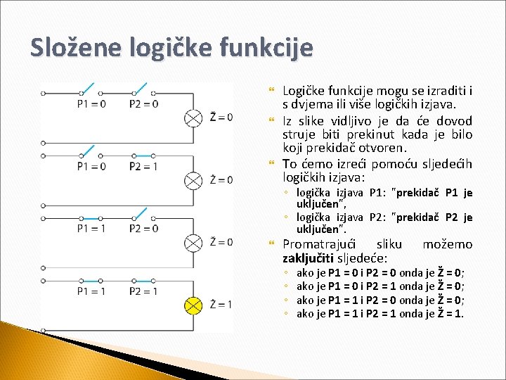 Složene logičke funkcije Logičke funkcije mogu se izraditi i s dvjema ili više logičkih