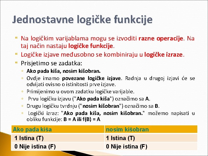 Jednostavne logičke funkcije Na logičkim varijablama mogu se izvoditi razne operacije. Na taj način