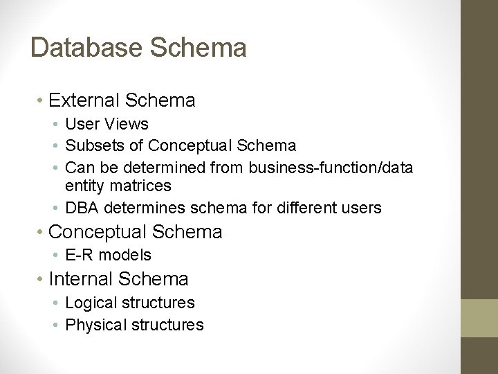 Database Schema • External Schema • User Views • Subsets of Conceptual Schema • Database Schema • External Schema • User Views • Subsets of Conceptual Schema •