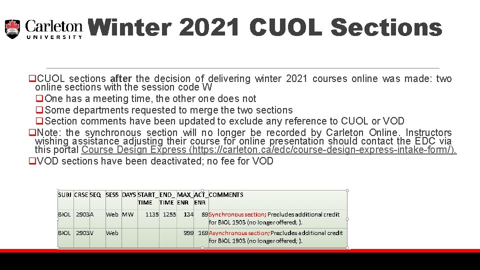 Winter 2021 CUOL Sections q. CUOL sections after the decision of delivering winter 2021