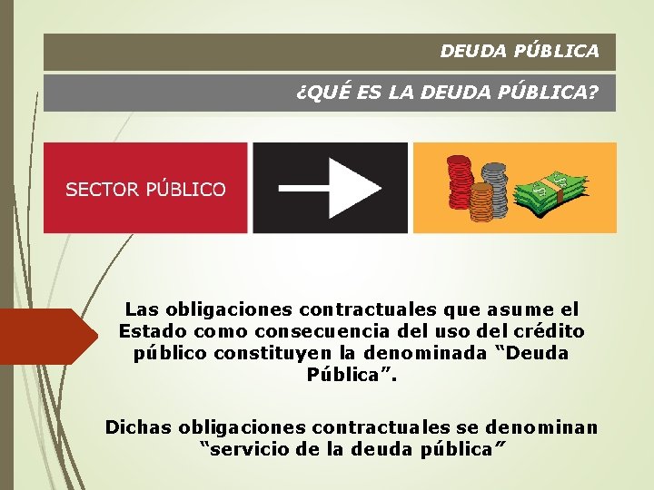 DEUDA PÚBLICA ¿QUÉ ES LA DEUDA PÚBLICA? Las obligaciones contractuales que asume el Estado