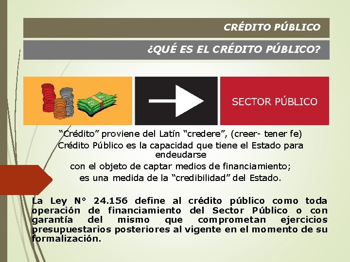 CRÉDITO PÚBLICO ¿QUÉ ES EL CRÉDITO PÚBLICO? “Crédito” proviene del Latín “credere”, (creer- tener